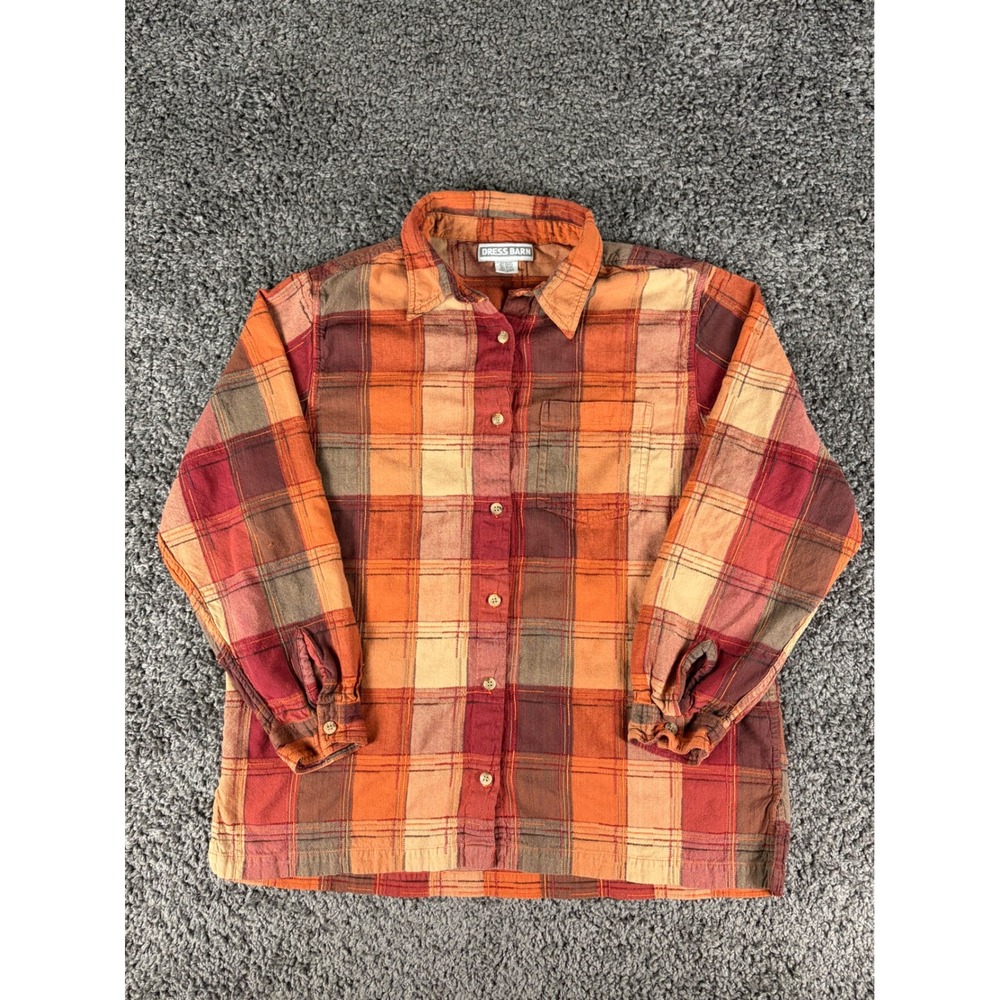 Dress Barn Vintage Patchwork Plaid Button Down Shirt XL Orange Red Brown Cotton